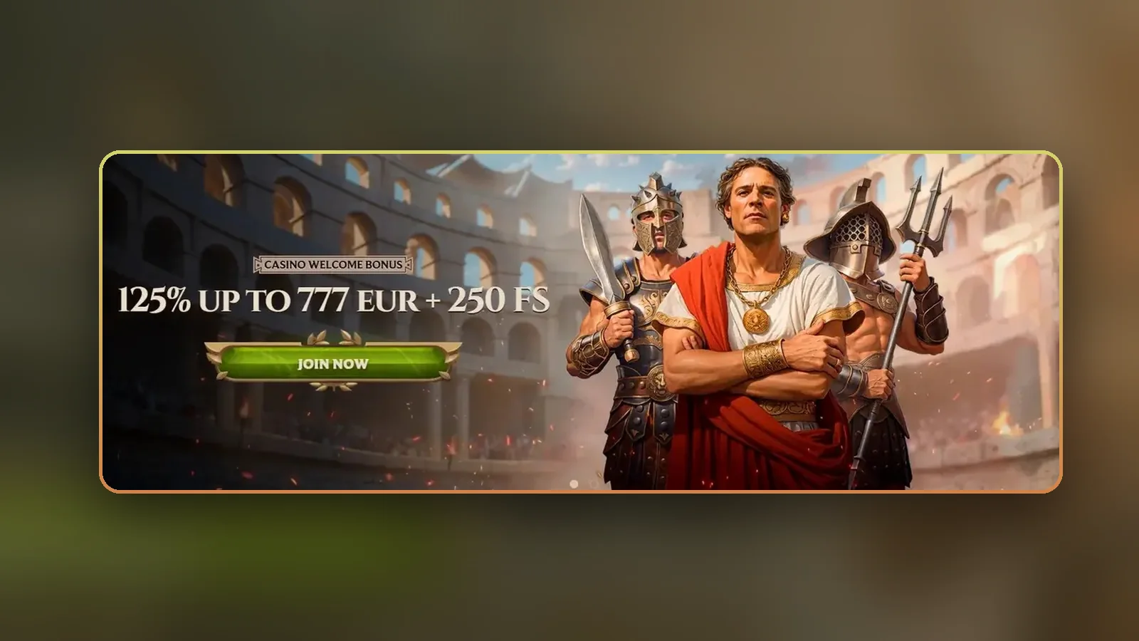Il banner con il bonus di benvenuto casinò: 125% fino a €777 e 250 giri